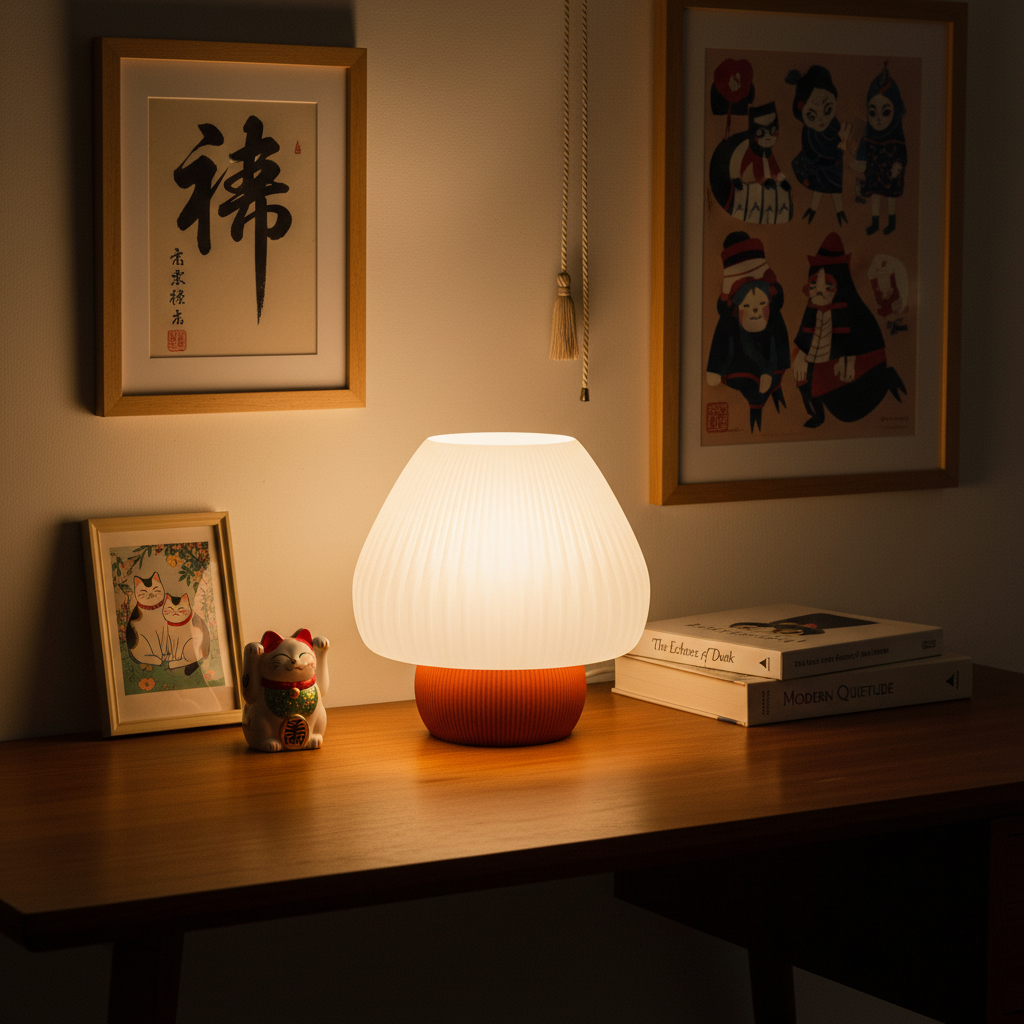Lampa Hikari Mini stinsă, fond alb, bază terracotta cu nervuri 3D, abajur pliseat crem