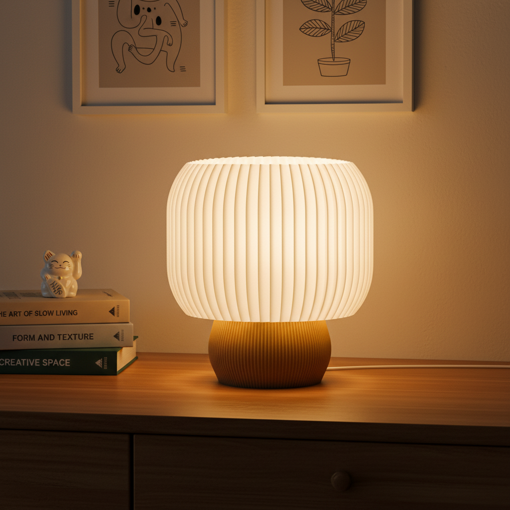 Lampa Hikari 02 stinsă, fond alb, bază aurie cu nervuri 3D, abajur pliseat alb bombat